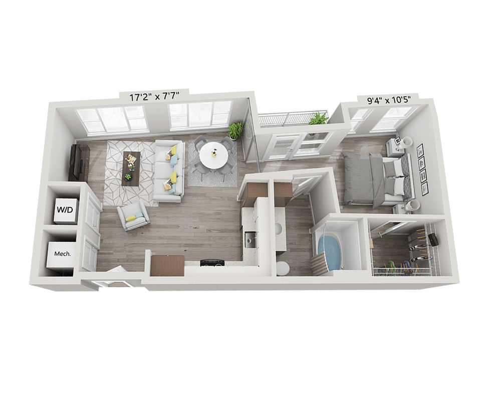 Floorplan diagram for Studio E1F, showing Studio