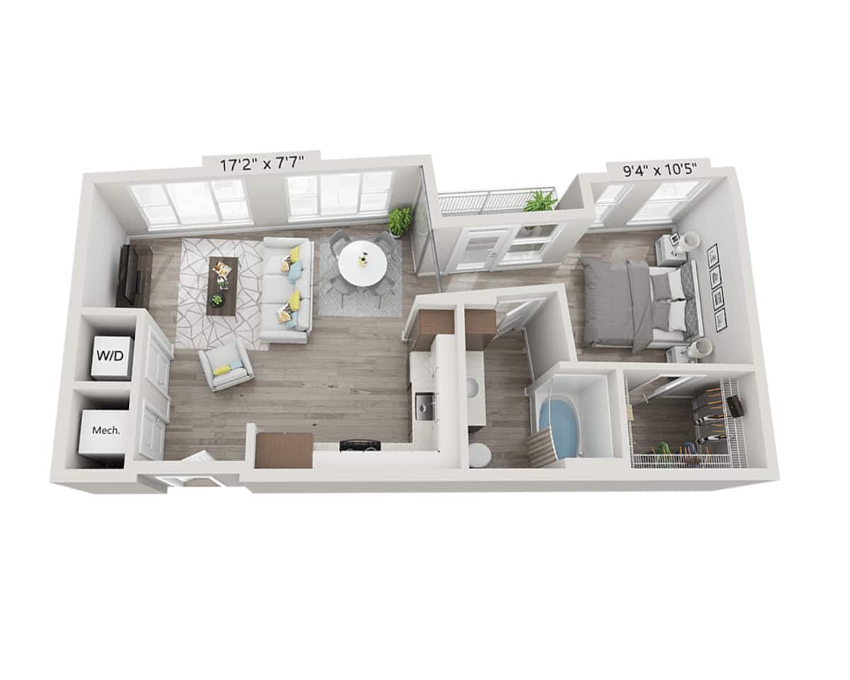 Floorplan diagram for Studio E1F, showing Studio