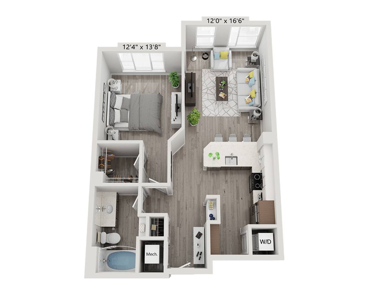Floorplan diagram for One Bedroom A1P-WDU, showing 1 bedroom