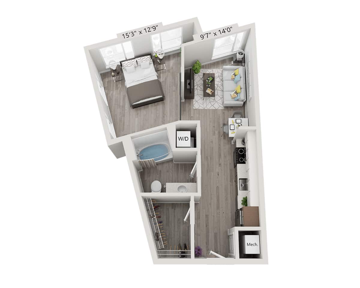 Floorplan diagram for Studio E1B-WDU, showing Studio