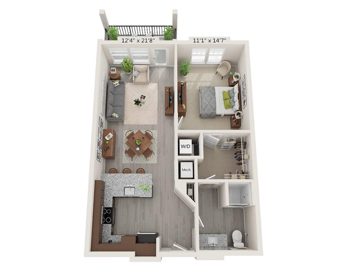 Floorplan diagram for One Bedroom A1K, showing 1 bedroom