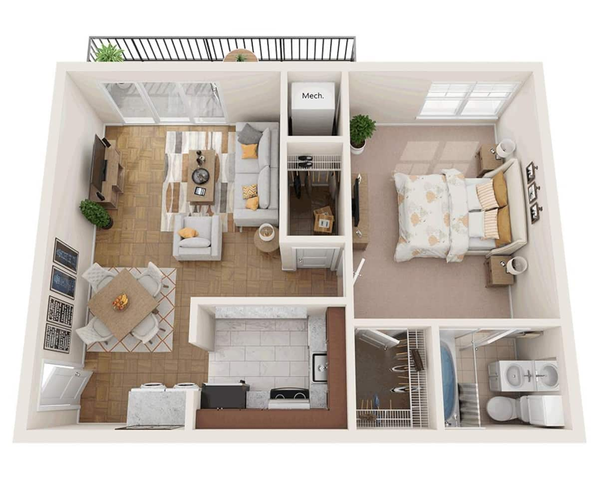 Floorplan diagram for One Bedroom A1B, showing 1 bedroom