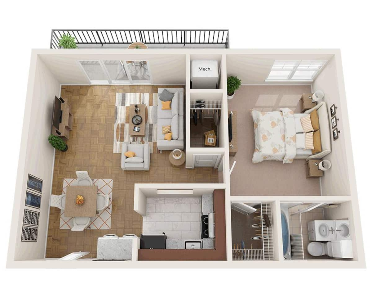 Floorplan diagram for One Bedroom A1C, showing 1 bedroom