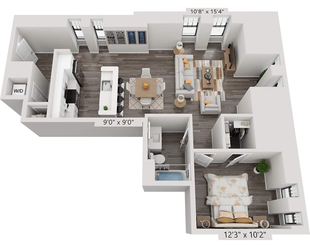 Floorplan diagram for One Bedroom A1A4, showing 1 bedroom