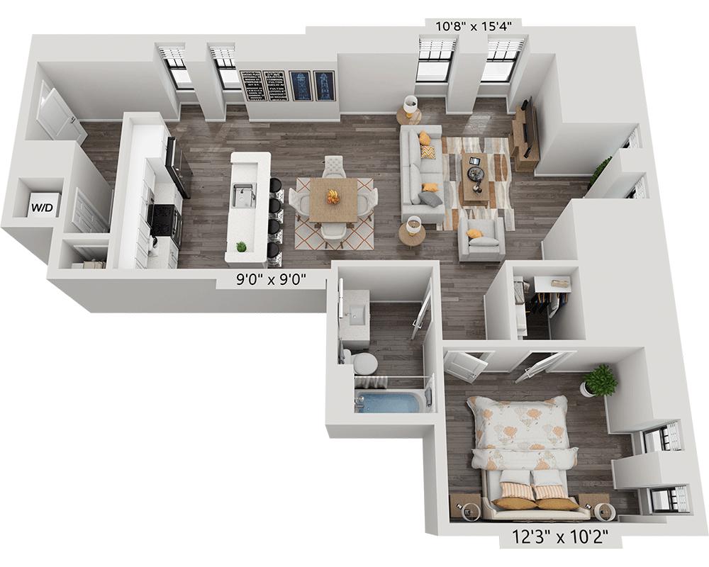 Floorplan diagram for One Bedroom A1A5, showing 1 bedroom