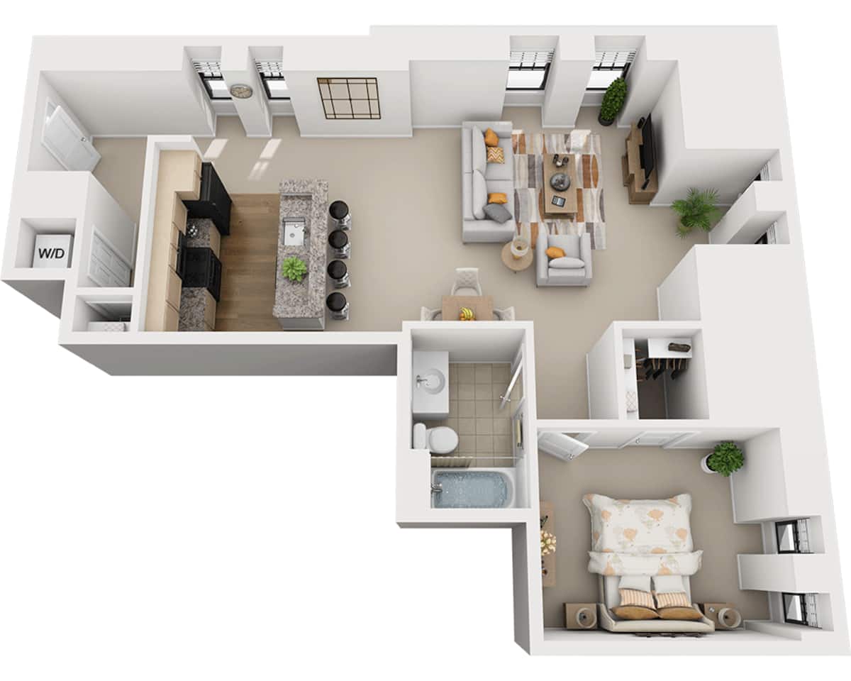 Floorplan diagram for One Bedroom A1A7, showing 1 bedroom