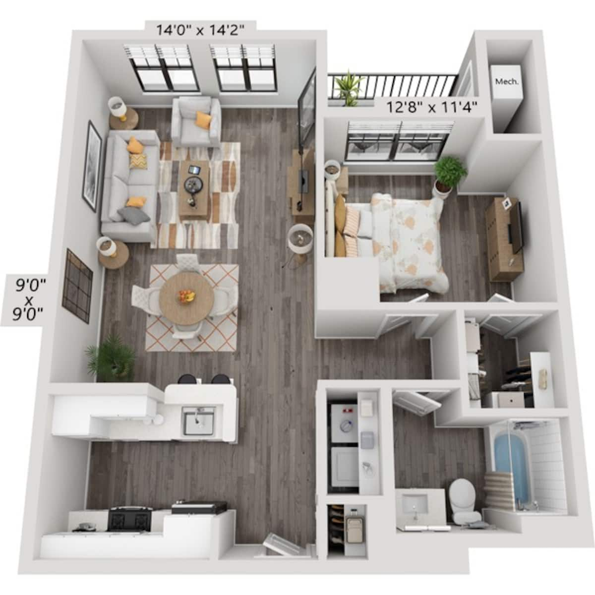 Floorplan diagram for One Bedroom A1C2, showing 1 bedroom