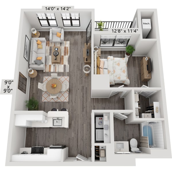Plattegrond voor One Bedroom A1C4, met 1 slaapkamer