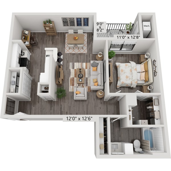 Floorplan diagram for One Bedroom A1D2, showing 1 bedroom