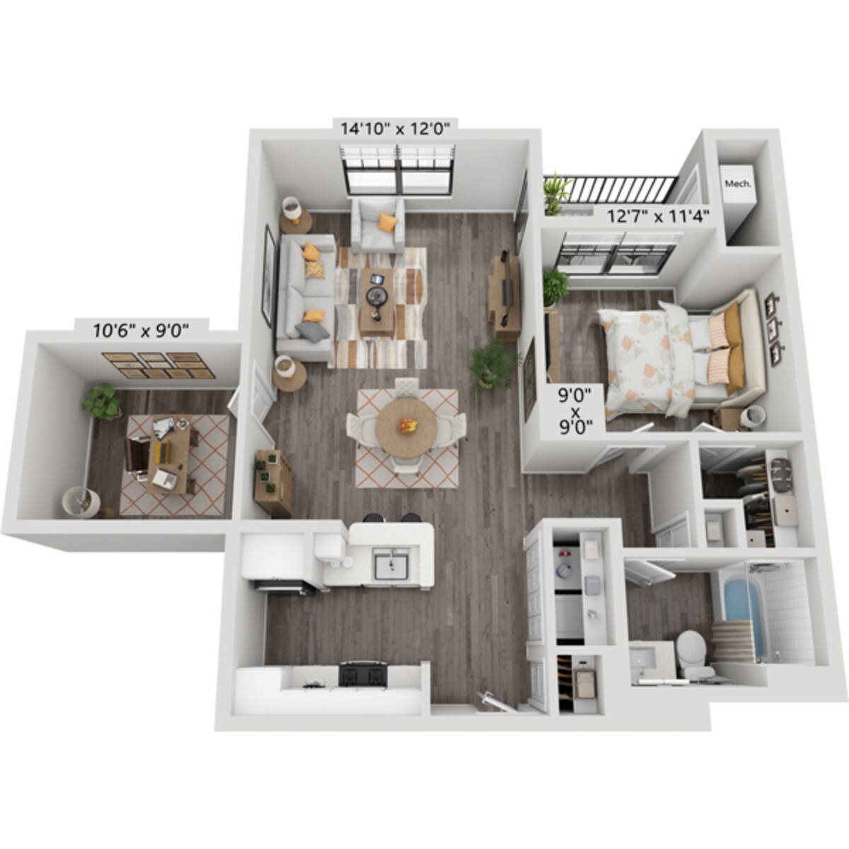 Floorplan diagram for One Bedroom A1FD, showing 1 bedroom