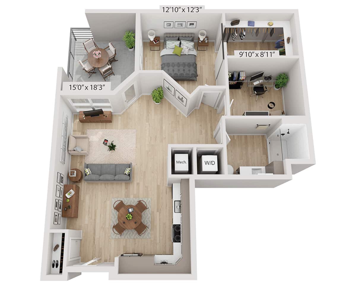 Floorplan diagram for One Bedroom A1BD, showing 1 bedroom