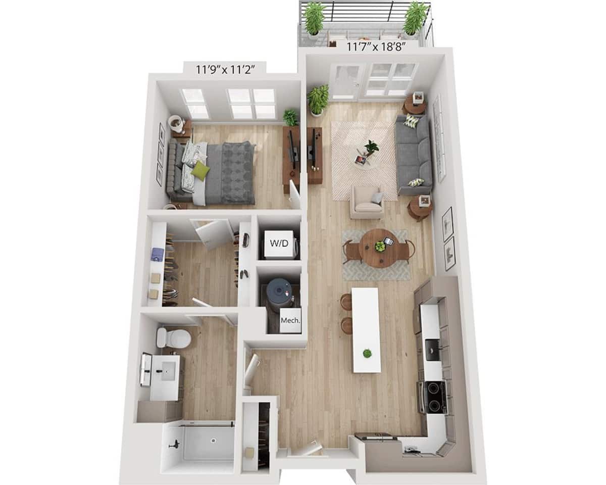 Floorplan diagram for One Bedroom A1E, showing 1 bedroom