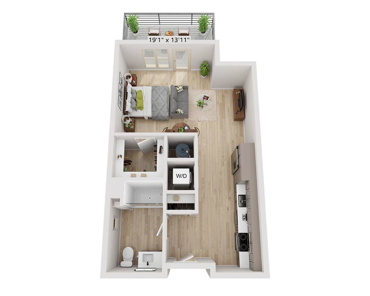 Floorplan diagram for Studio E1B, showing Studio