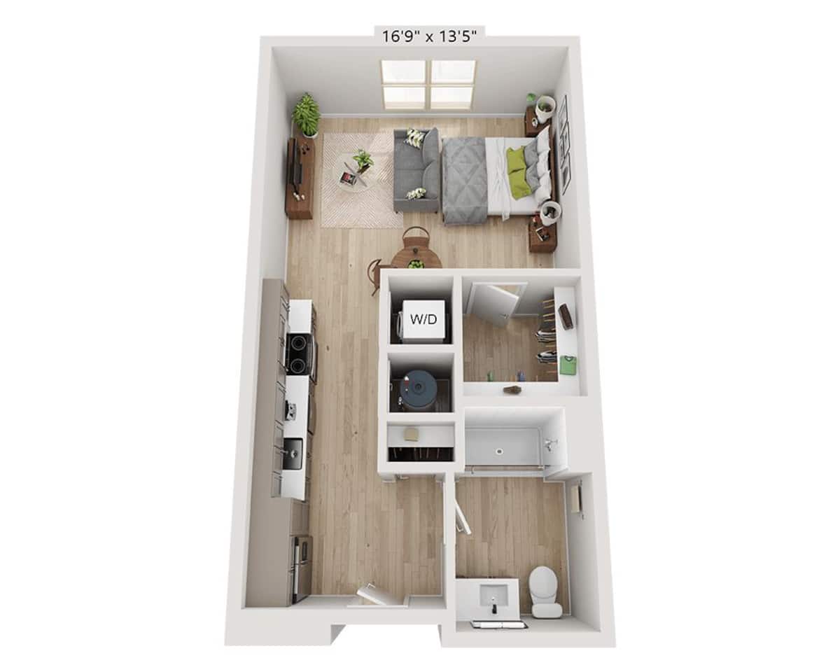 Floorplan diagram for Studio E1C, showing Studio