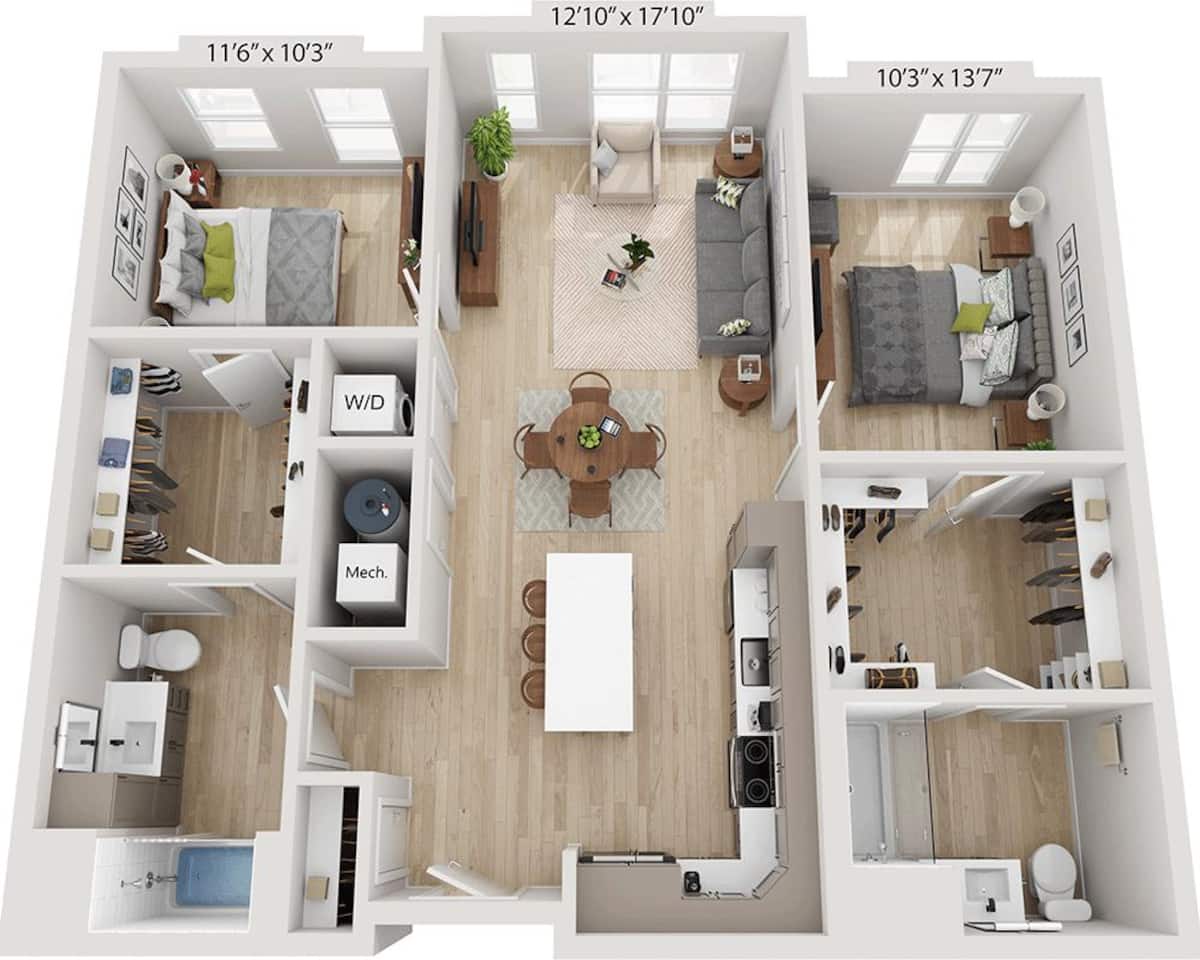 Floorplan diagram for Two Bedroom B2B, showing 2 bedroom