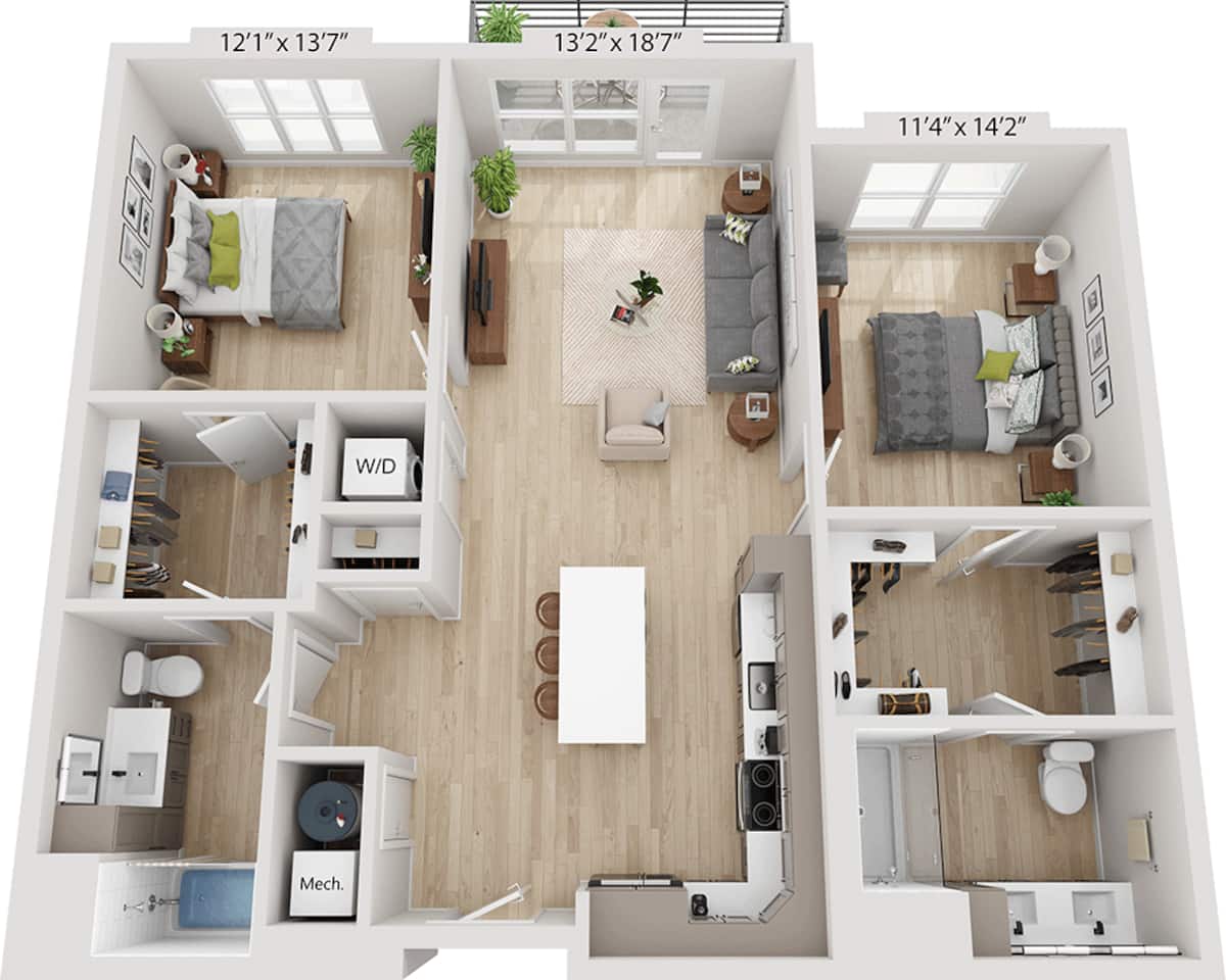 Floorplan diagram for Two Bedroom B2H, showing 2 bedroom