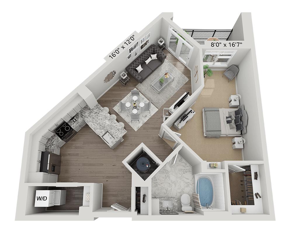 「One Bedroom A1B」的平面圖，顯示1 間臥室