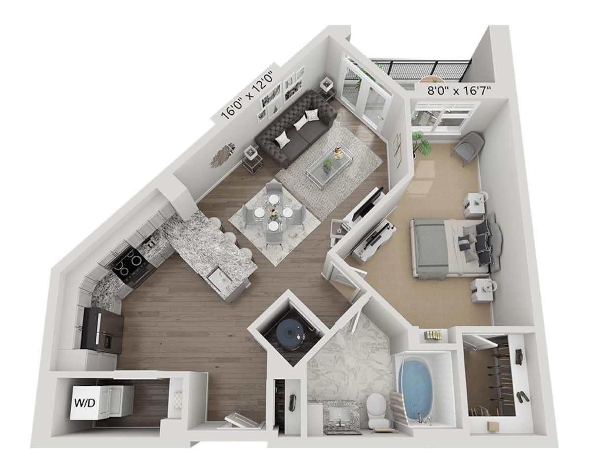 Floorplan diagram for One Bedroom A1B, showing 1 bedroom