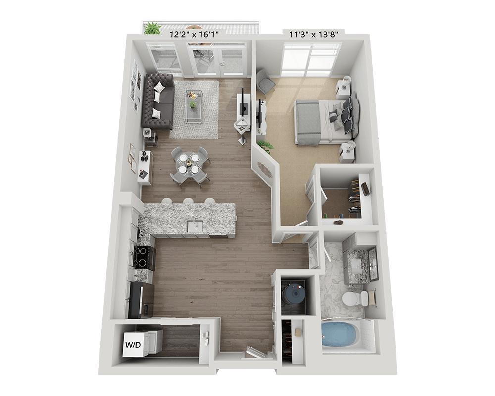 「One Bedroom A1E」的平面圖，顯示1 間臥室