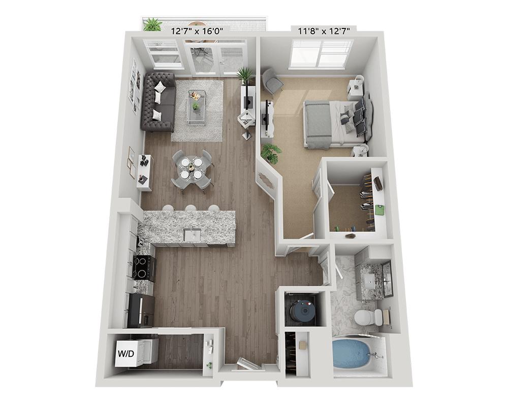 「One Bedroom A1F」的平面圖，顯示1 間臥室