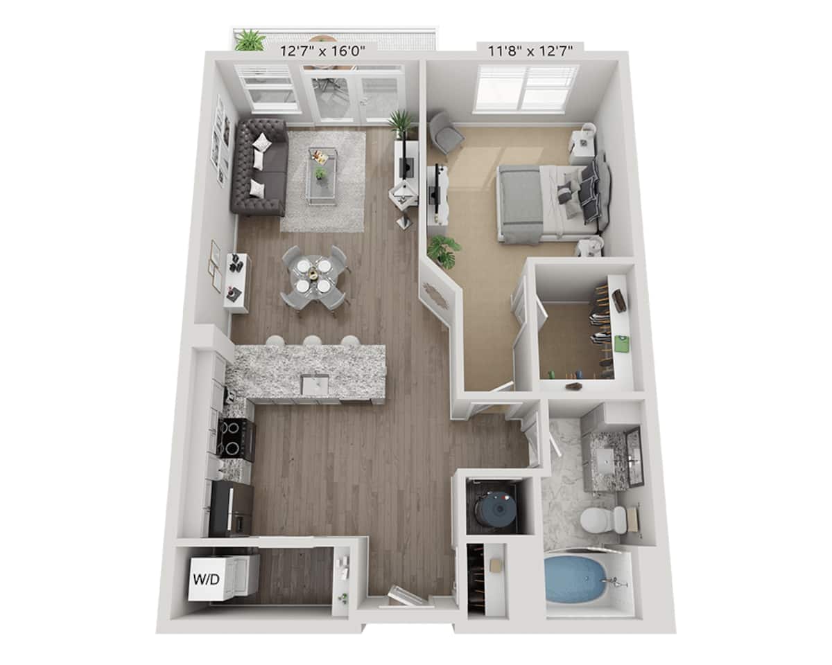 Floorplan diagram for One Bedroom A1F, showing 1 bedroom