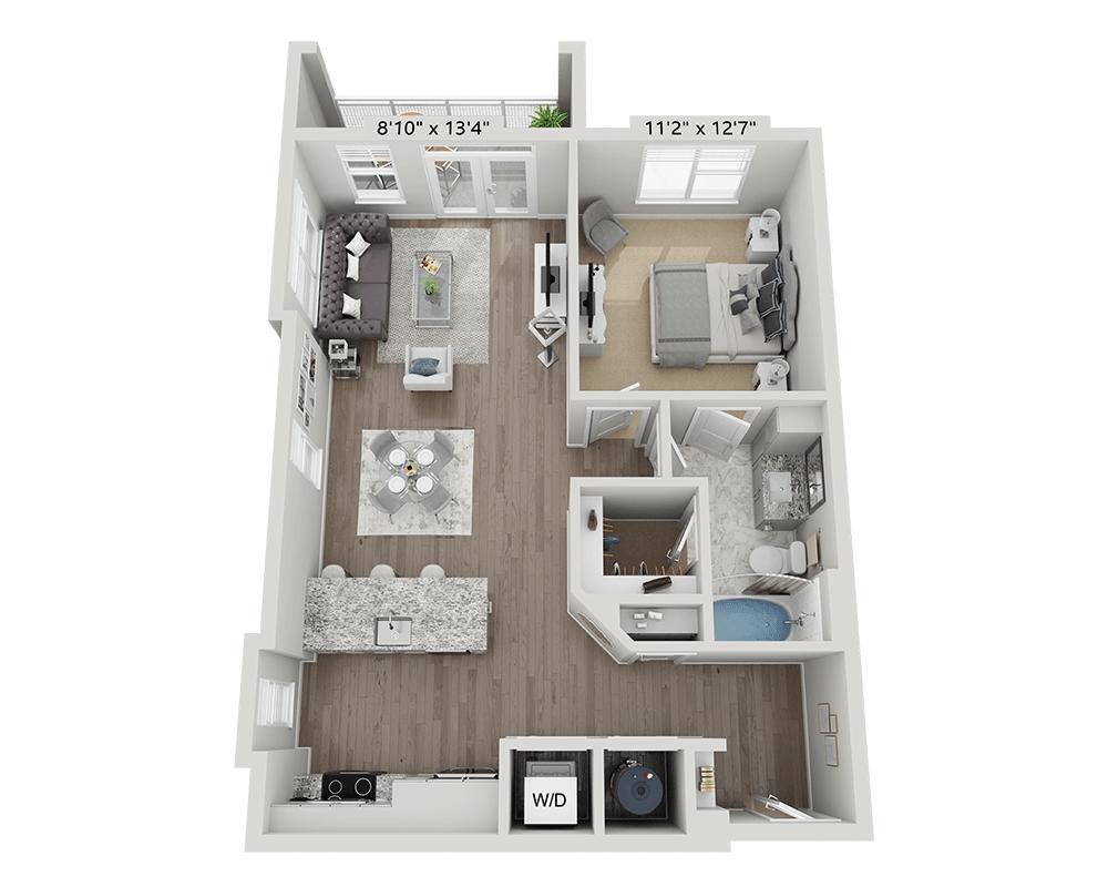 「One Bedroom A1H」的平面圖，顯示1 間臥室