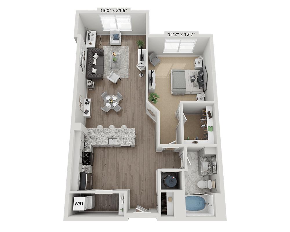 「One Bedroom A1J」的平面圖，顯示1 間臥室