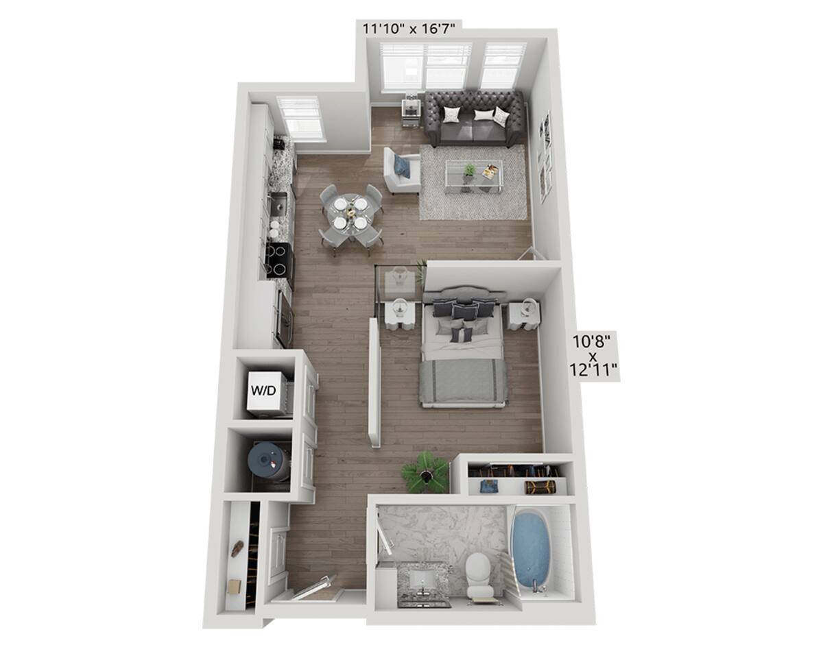 Floorplan diagram for Studio E1B, showing Studio