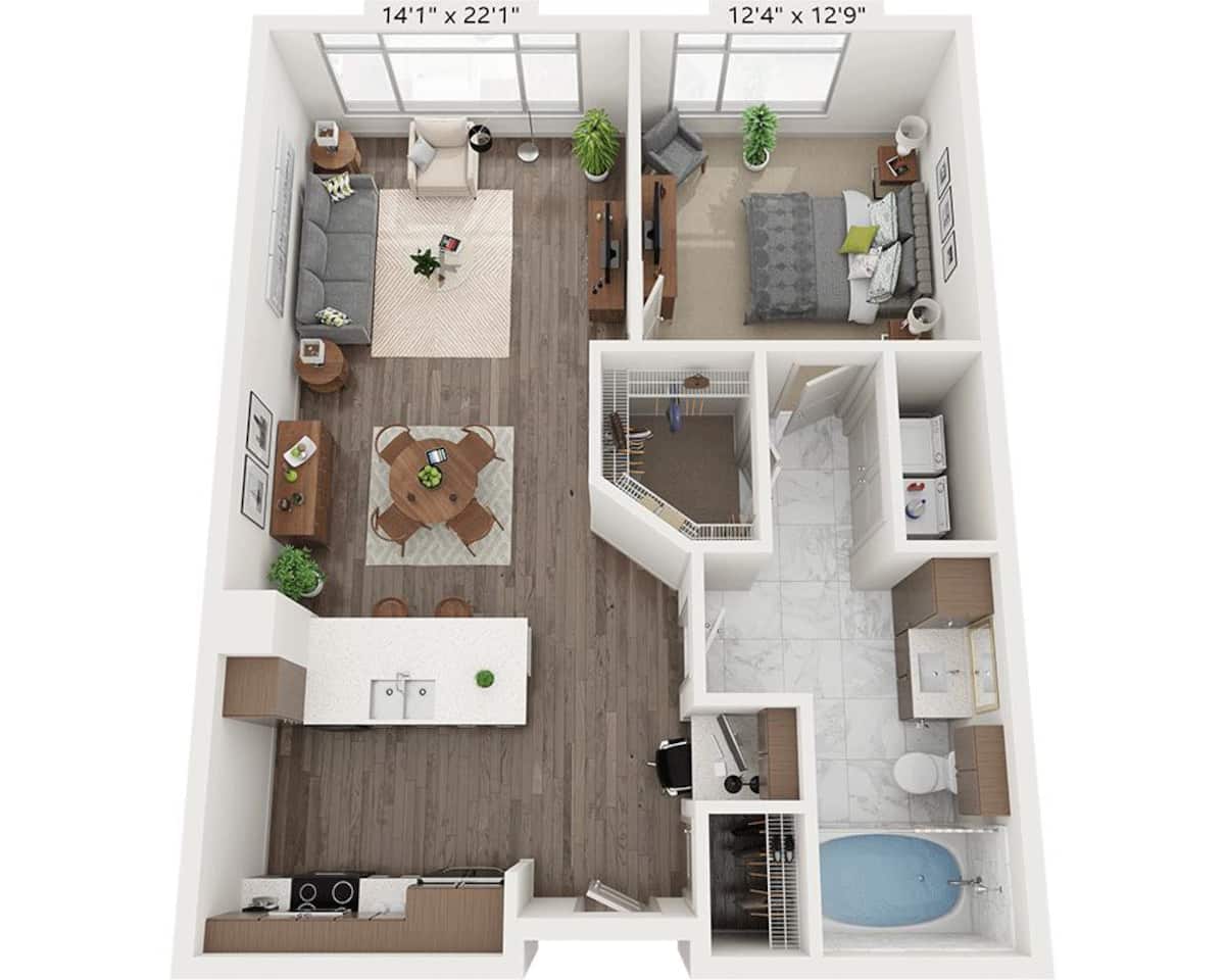 Floorplan diagram for One Bedroom A1A2, showing 1 bedroom