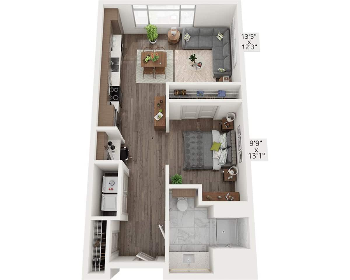 Floorplan diagram for Studio E1A1, showing Studio