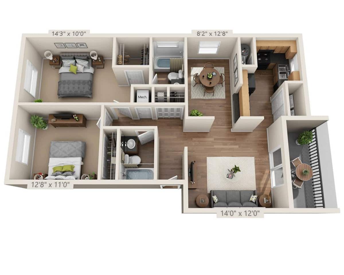 Floorplan diagram for Azalea, showing 2 bedroom