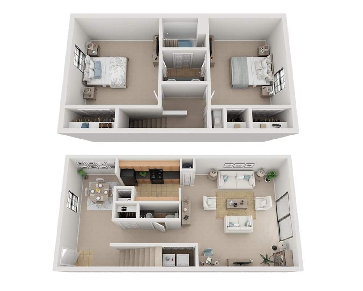 Floorplan diagram for Plan B1.5T, showing 2 bedroom