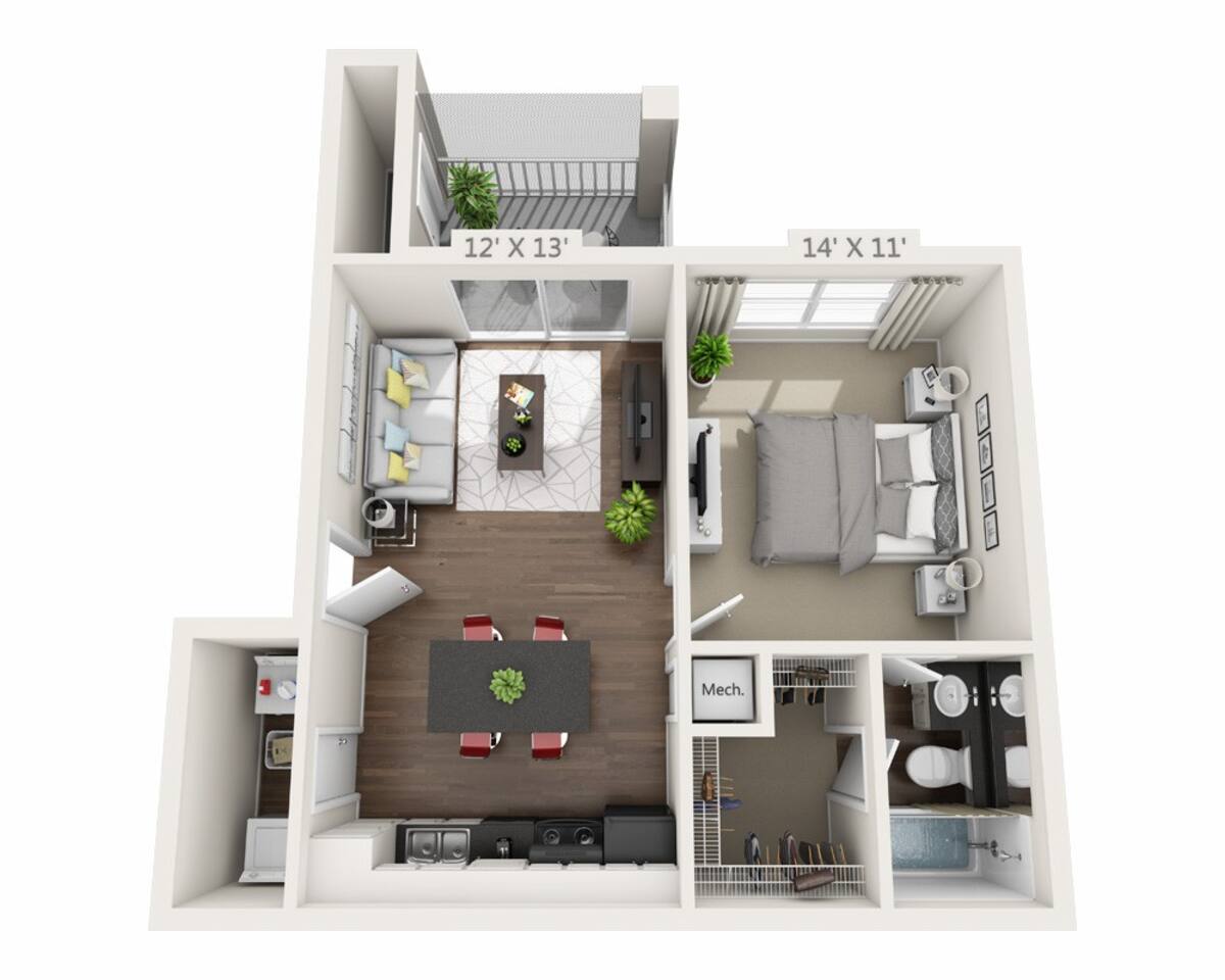 Floorplan diagram for One Bedroom A1A, showing 1 bedroom