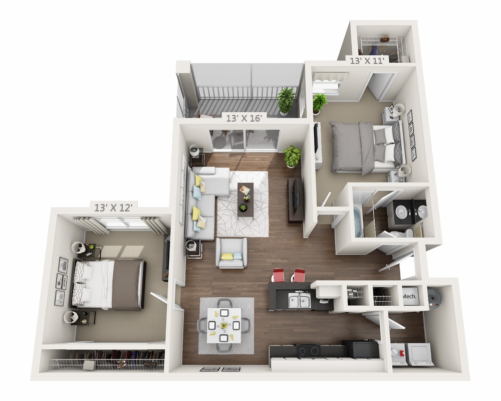 Diagrama del plano para Two Bedroom B1, que muestra 2 recámara