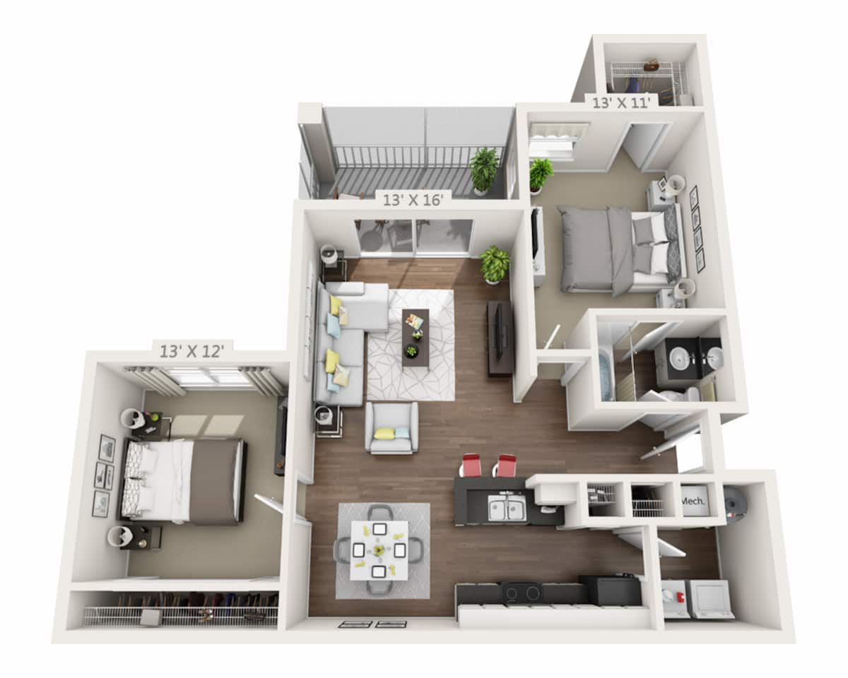 Floorplan diagram for Two Bedroom B1, showing 2 bedroom