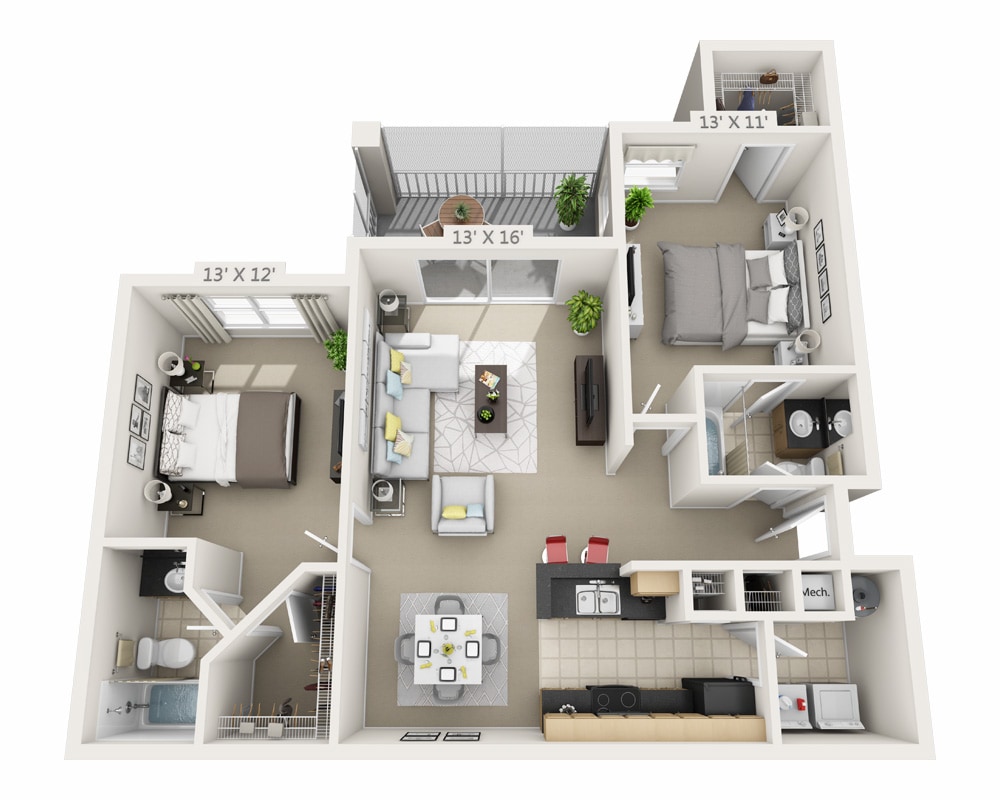 Diagrama del plano para Two Bedroom B2, que muestra 2 recámara