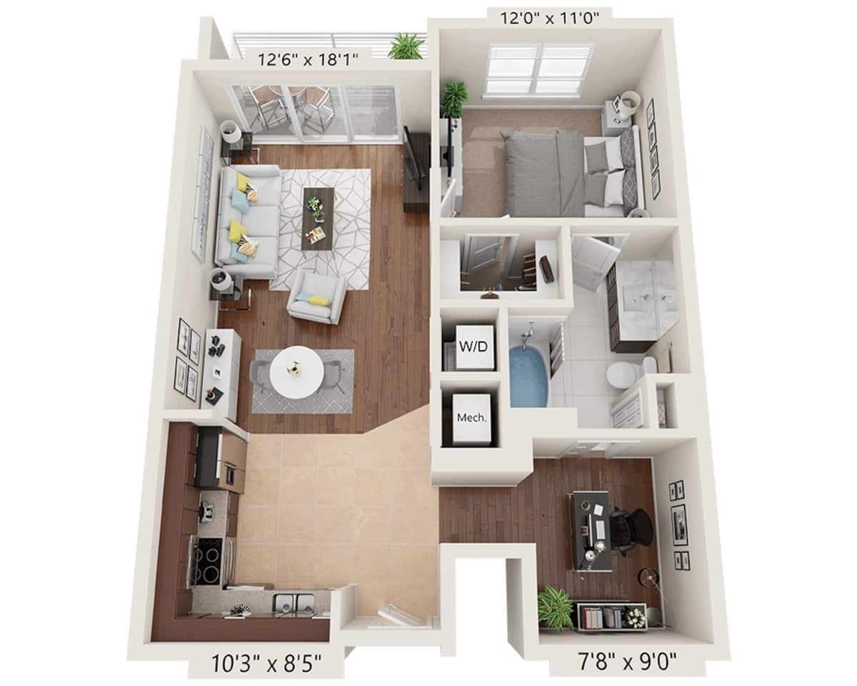 Floorplan diagram for One Bedroom with Den A1A, showing 1 bedroom