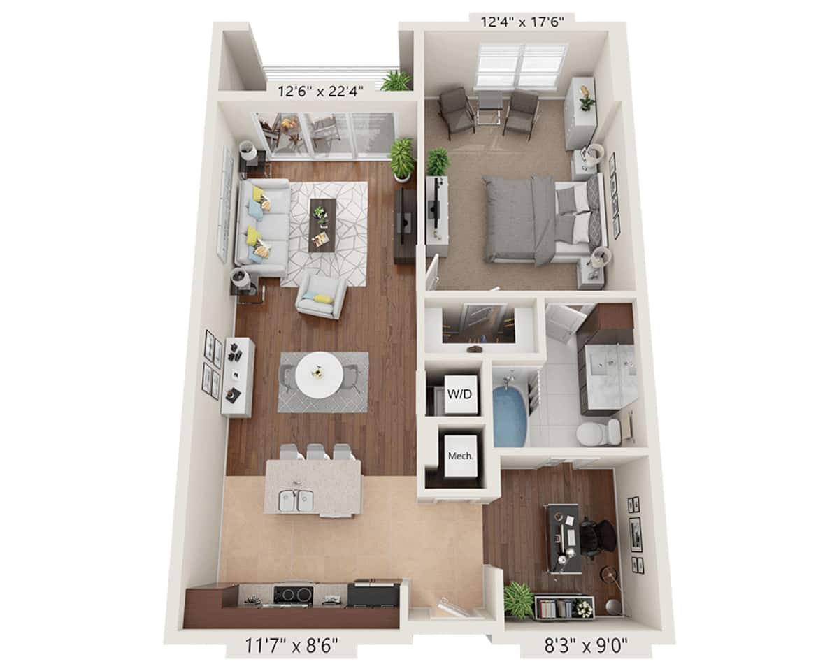 Floorplan diagram for One Bedroom with Den A1B, showing 1 bedroom