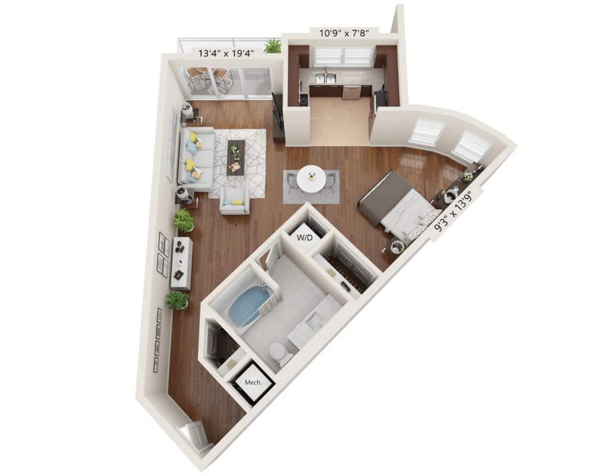 Floorplan diagram for Studio E1B, showing Studio