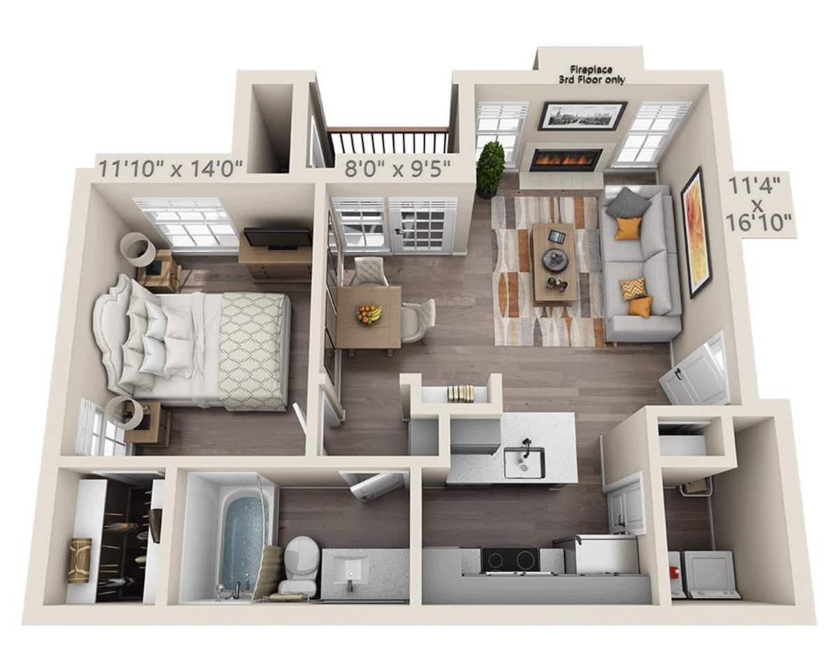 Floorplan diagram for Plan A1B, showing 1 bedroom