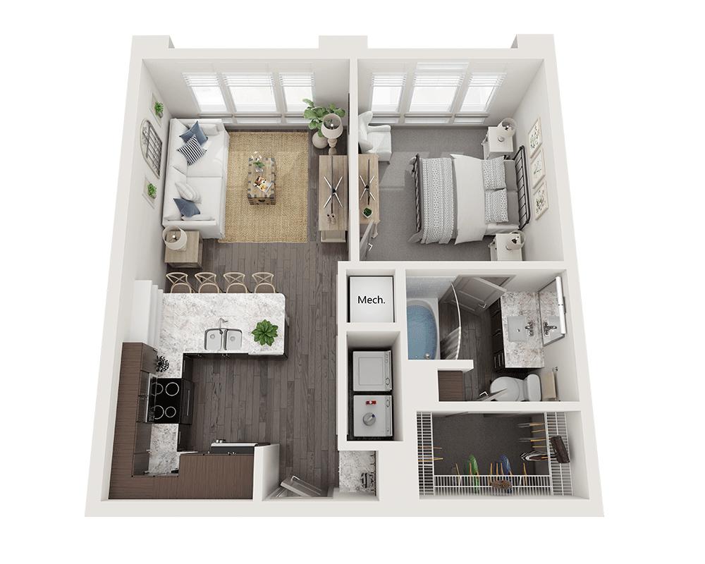 Floorplan diagram for One Bedroom A1C, showing 1 bedroom