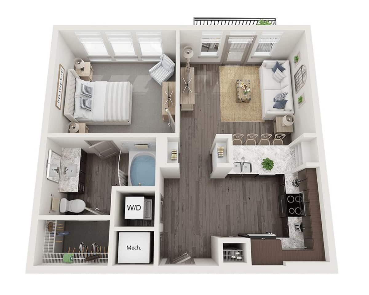 Floorplan diagram for One Bedroom A1E, showing 1 bedroom