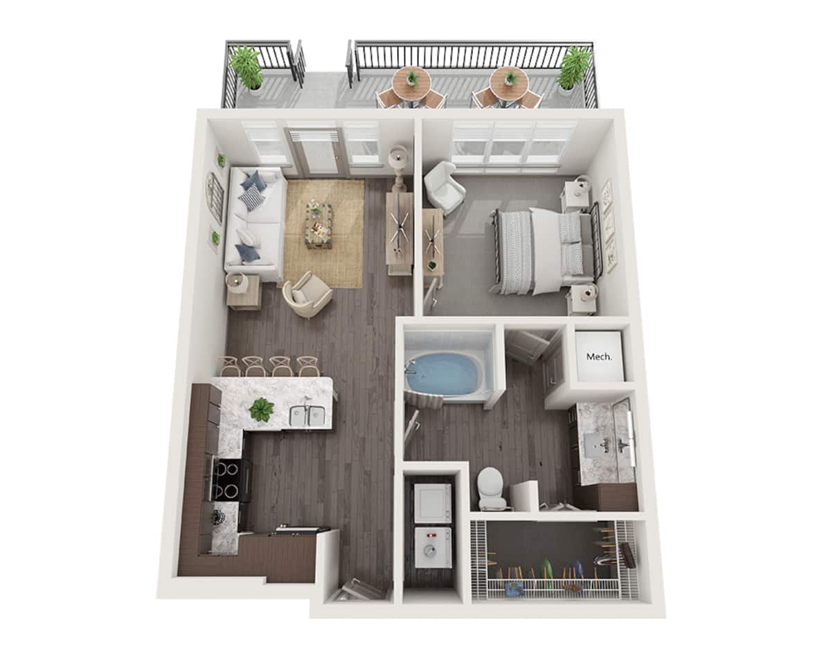 Floorplan diagram for One Bedroom A1K, showing 1 bedroom