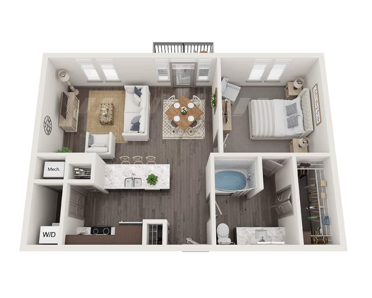 Floorplan diagram for One Bedroom A1W, showing 1 bedroom