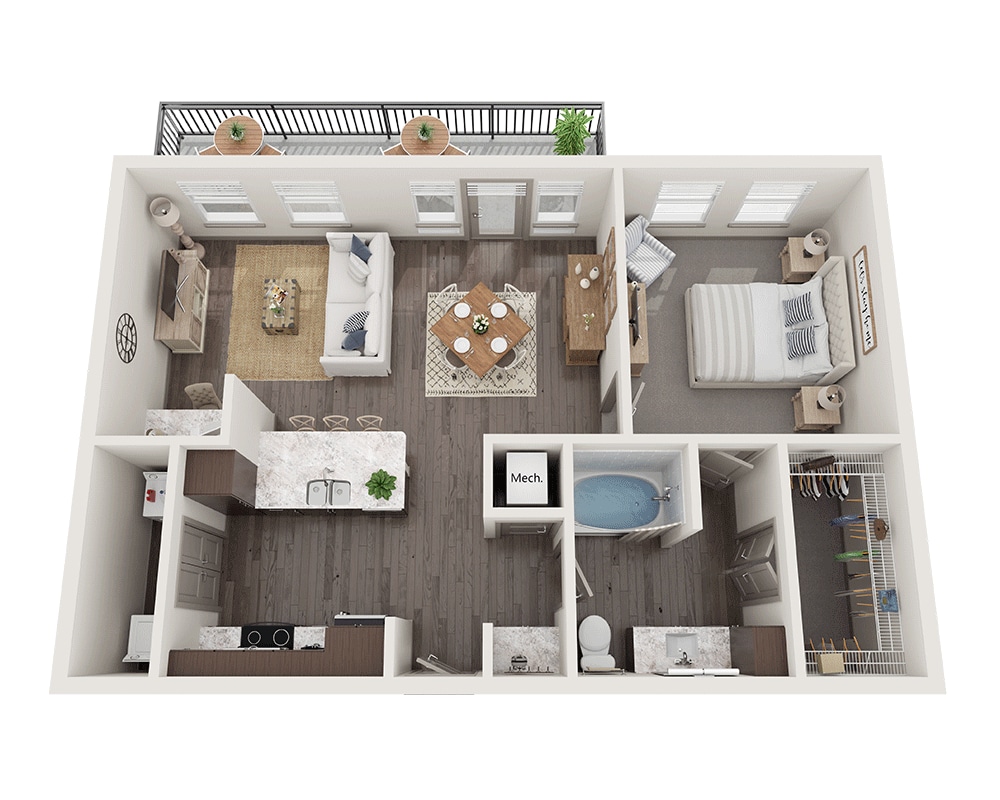 Diagrama del plano para One Bedroom A1Z, que muestra 1 recámara