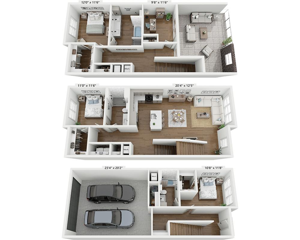 Telpu plānojuma diagramma: Three Bedroom C3A; rāda: Guļamistabas: 3