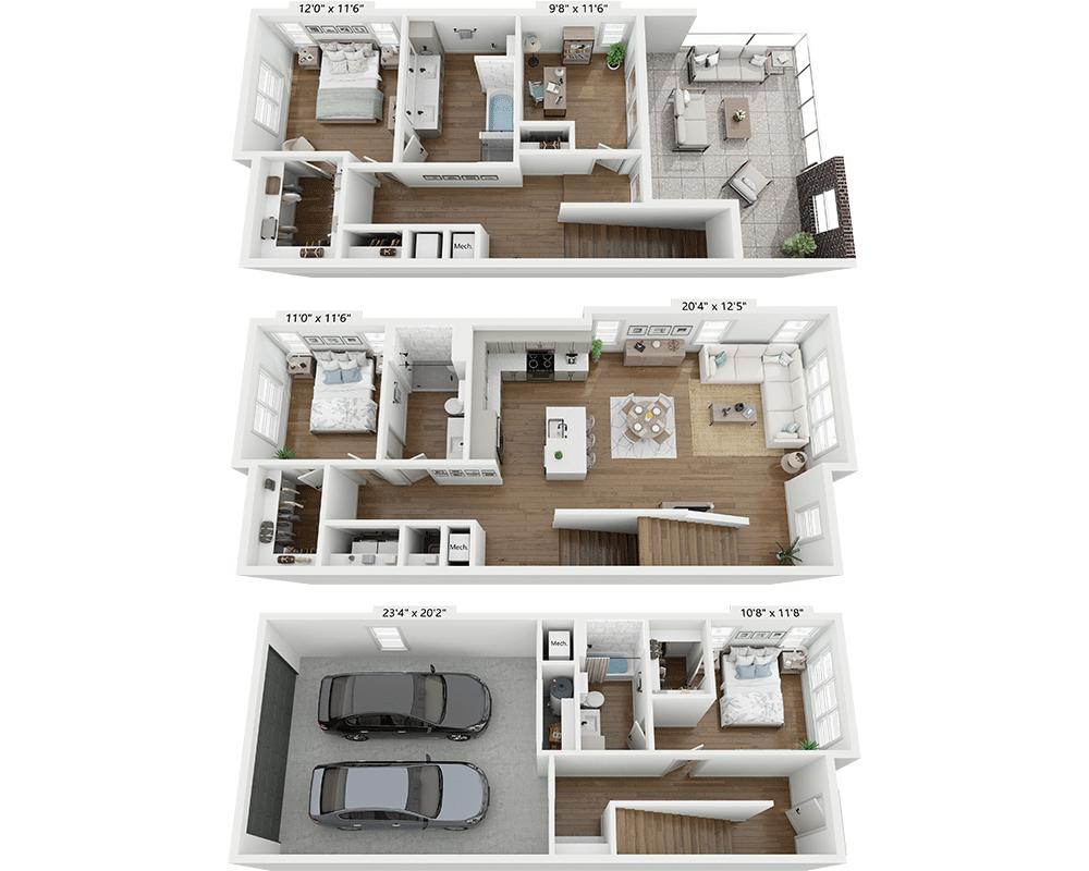 Telpu plānojuma diagramma: Three Bedroom C3B; rāda: Guļamistabas: 3