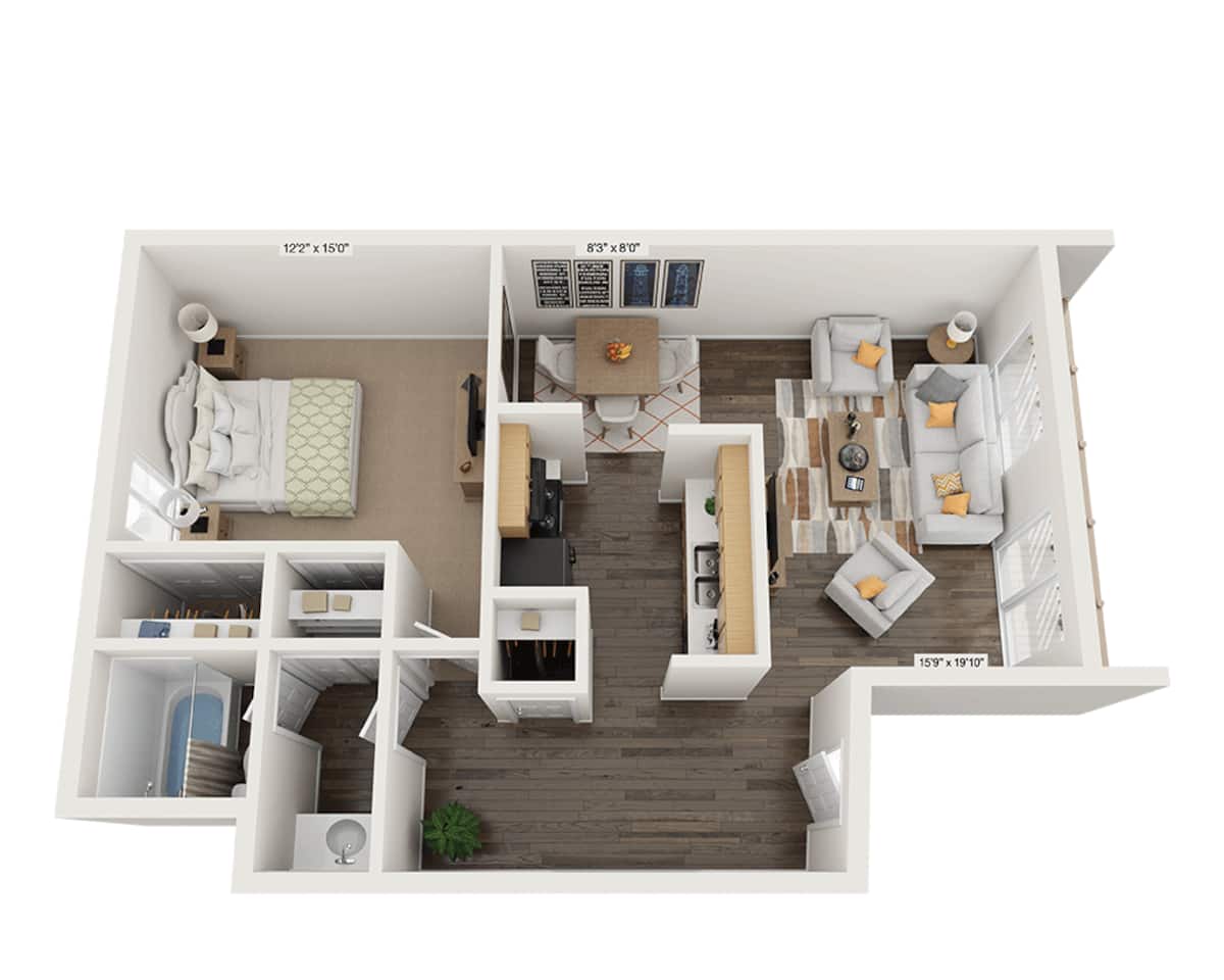 Floorplan diagram for One Bedroom Monterey, showing 1 bedroom