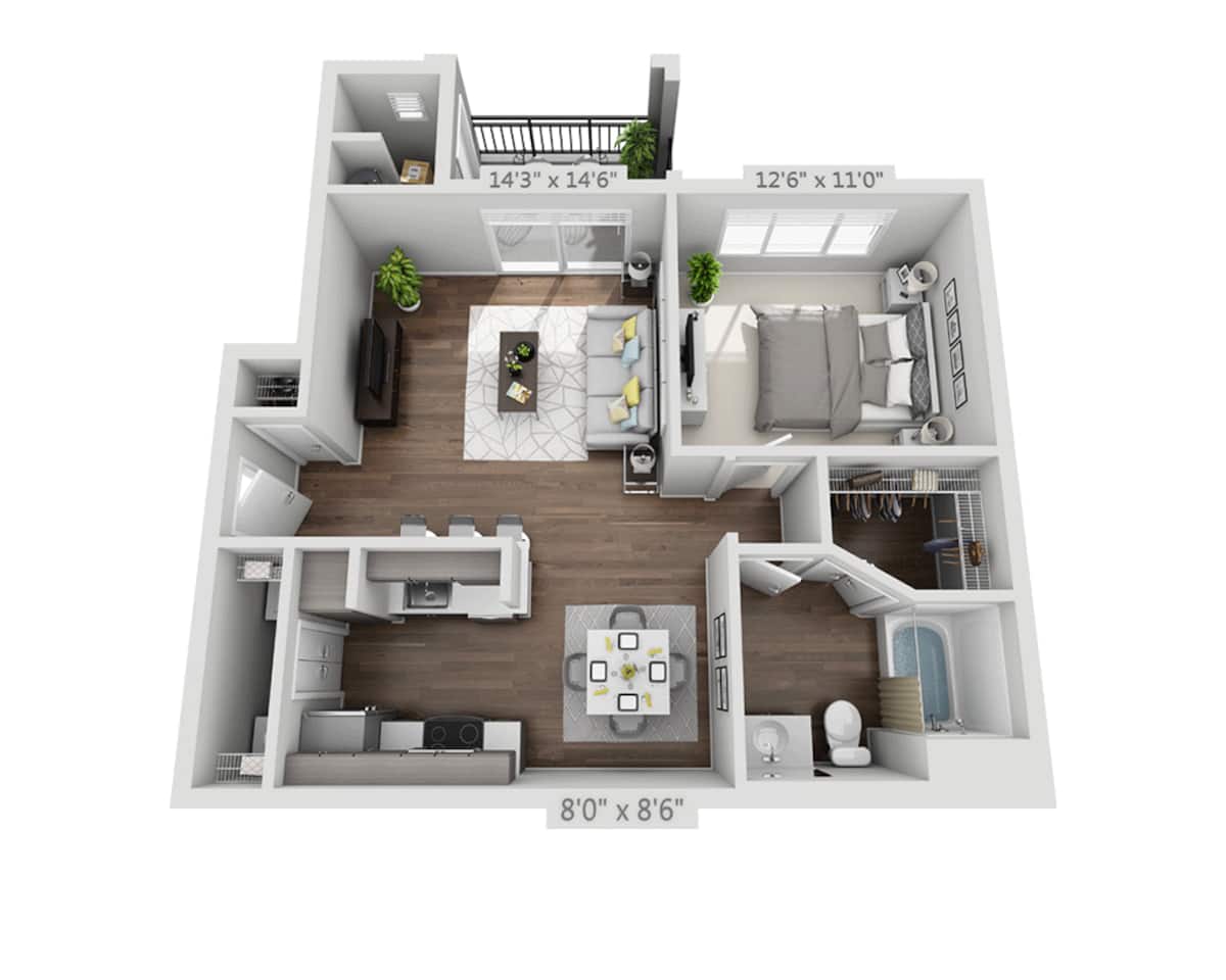 Floorplan diagram for Plan A1A, showing 1 bedroom