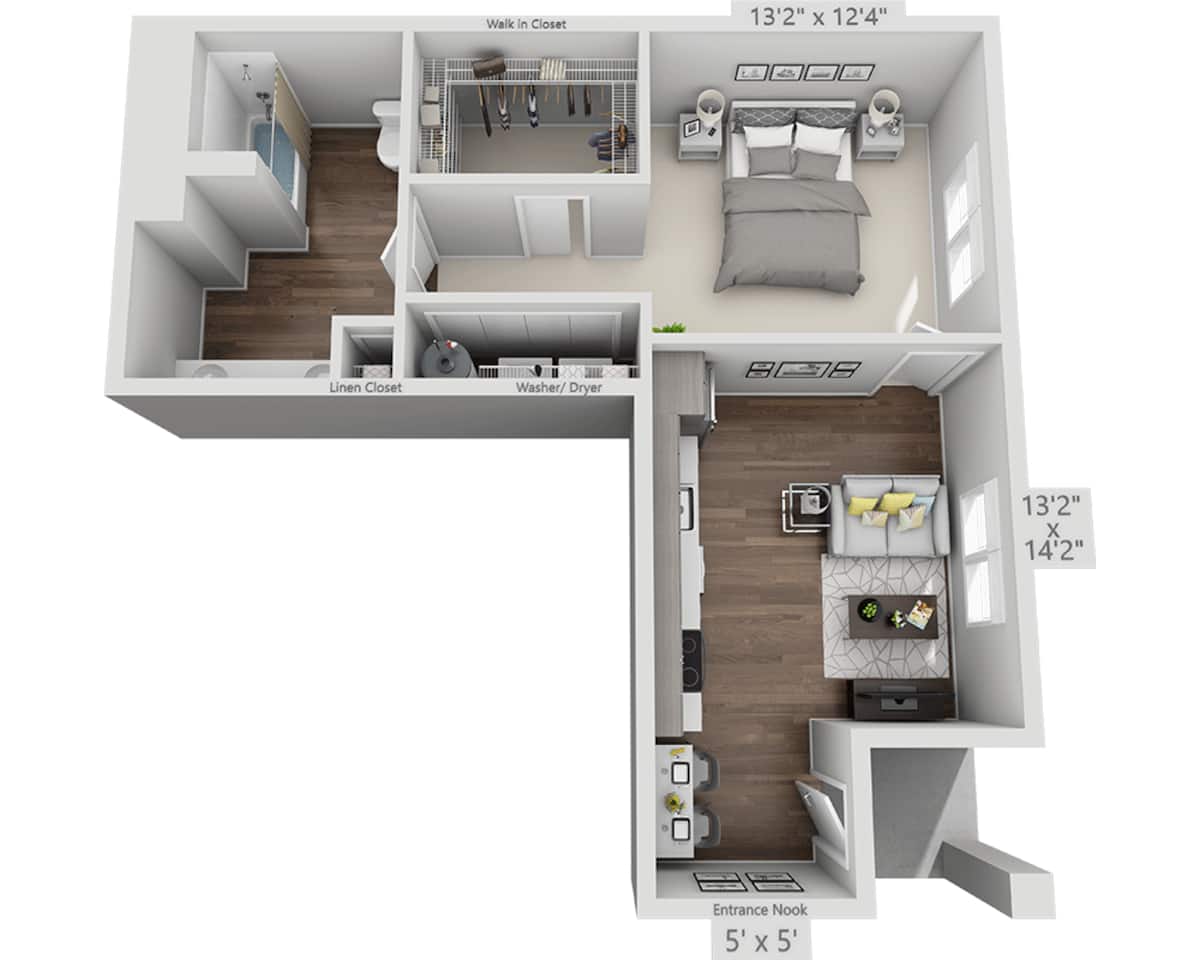 Floorplan diagram for Plan A1E, showing 1 bedroom